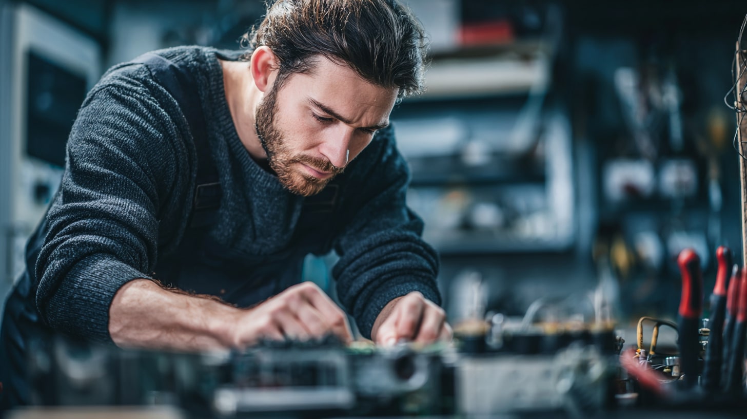 Technicien réparant un appareil électroménager dans un atelier de reconditionnement.