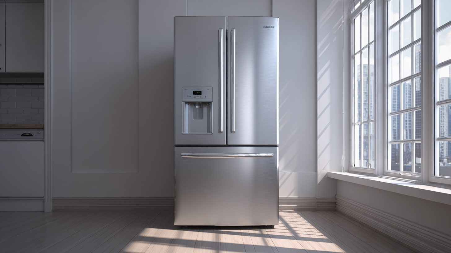 Réfrigérateur installé dans une cuisine lumineuse, appareil central de la consommation électrique du logement.