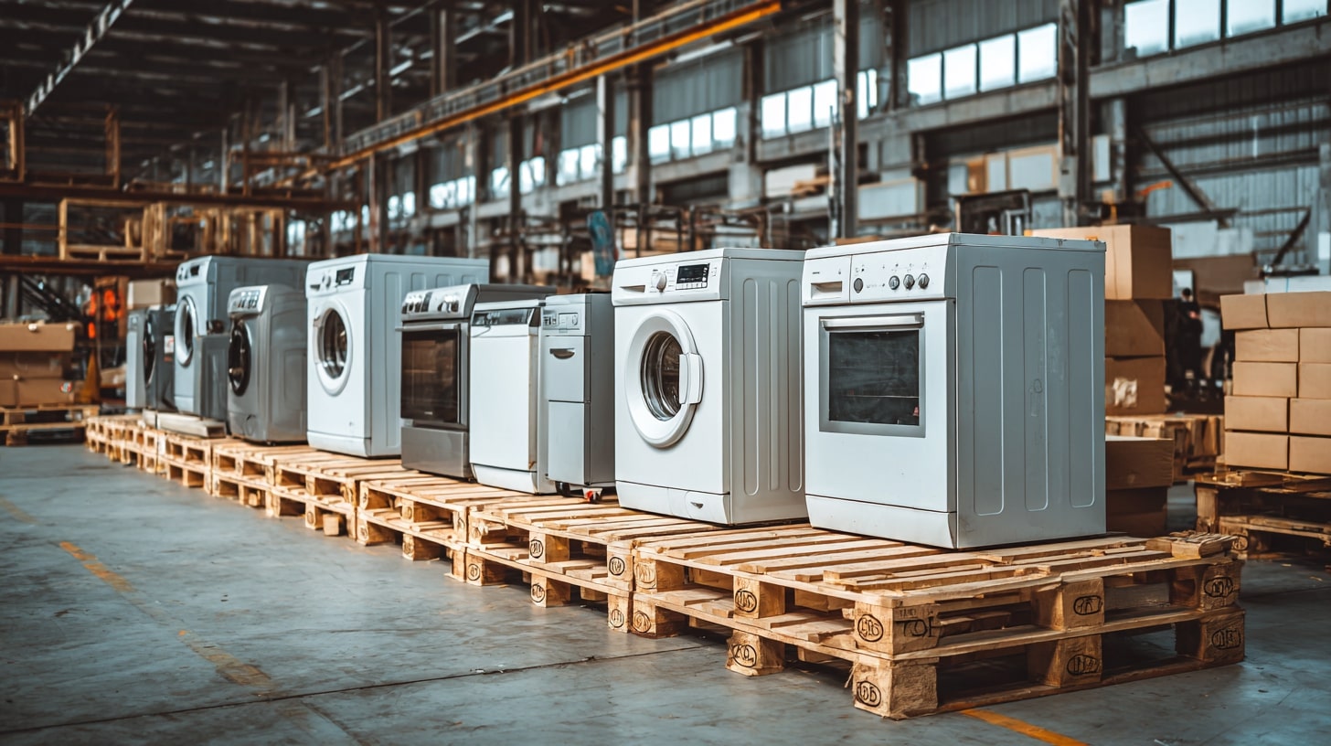 Appareils électroménagers d’occasion stockés sur palettes avant reconditionnement ou réutilisation.